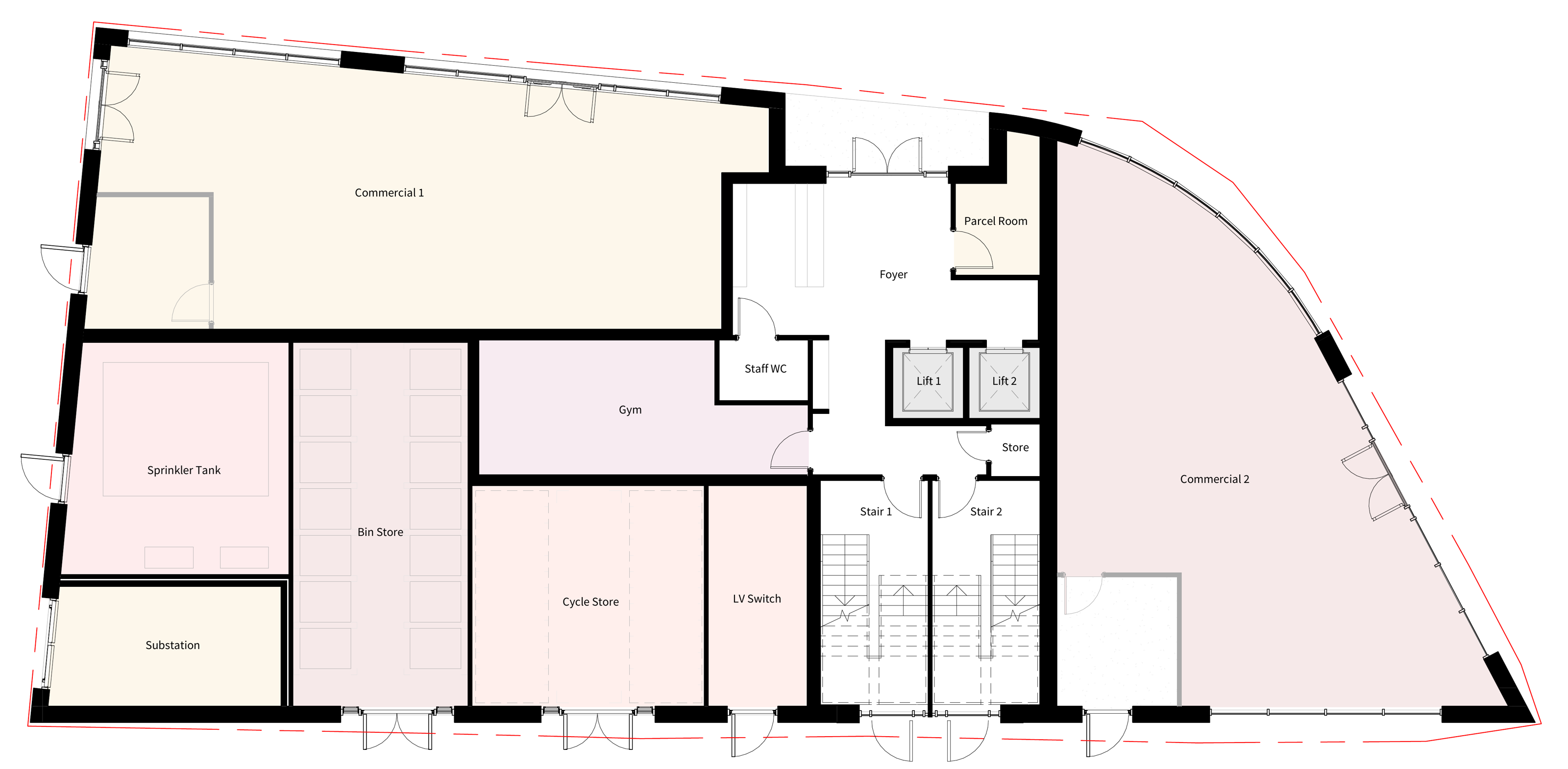 Ground floor plan showing commercial units, foyer, gym, cycle store and plant