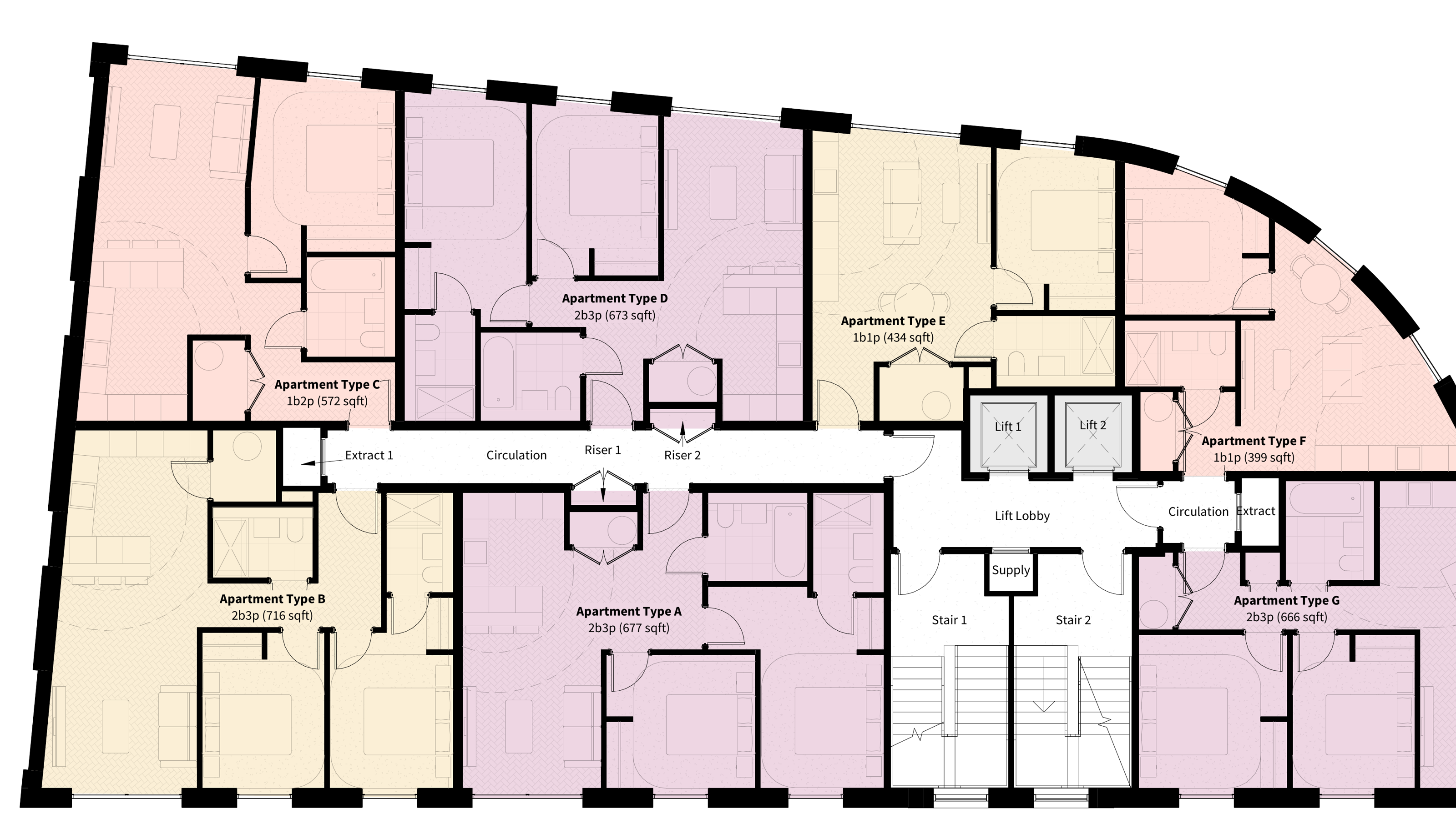 Typical floorplan, levels 1 to 7, showing apartment types A to G